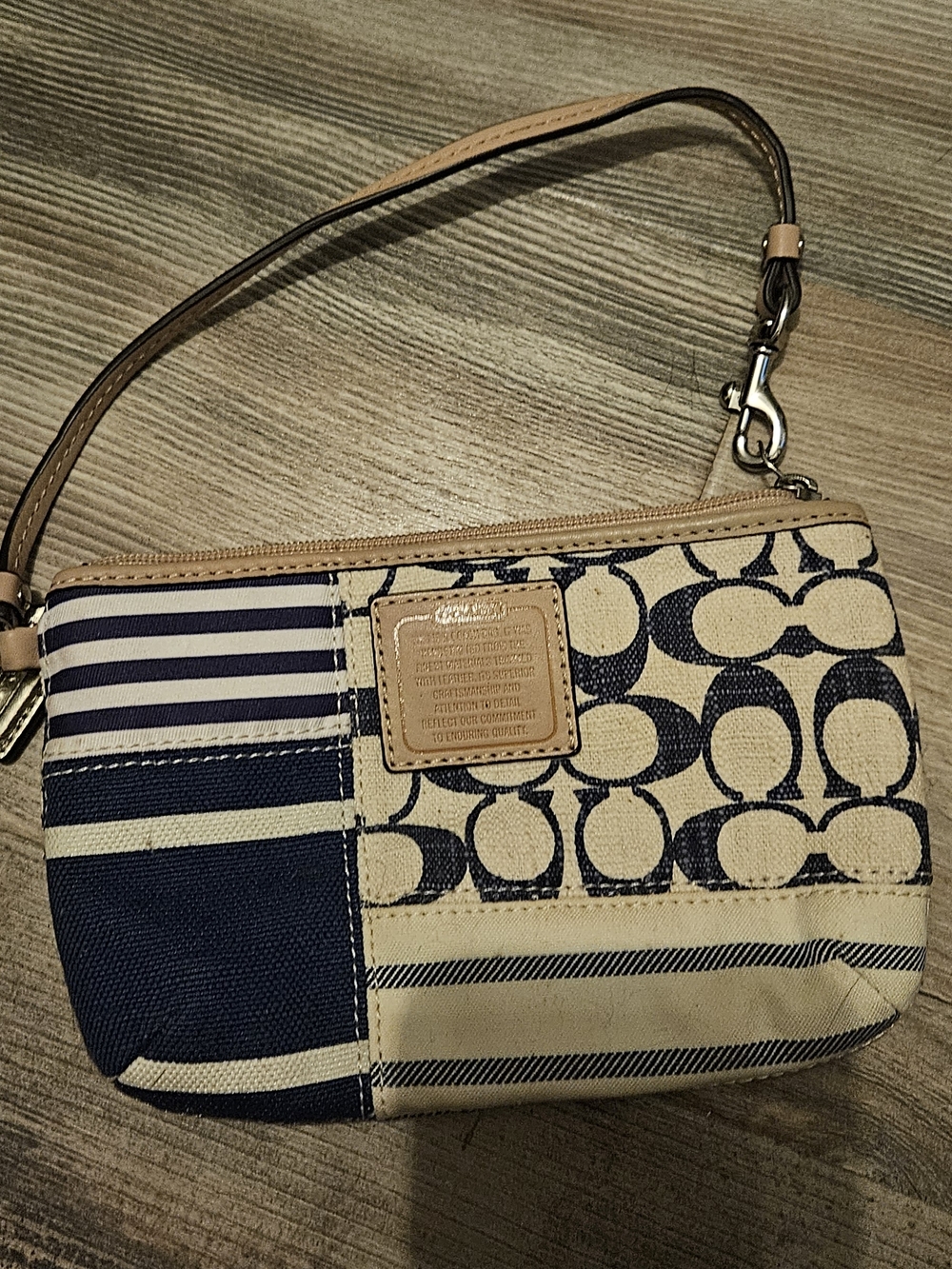 Coach Navy and Cream Patchwork Wristlet with Leather Strap
